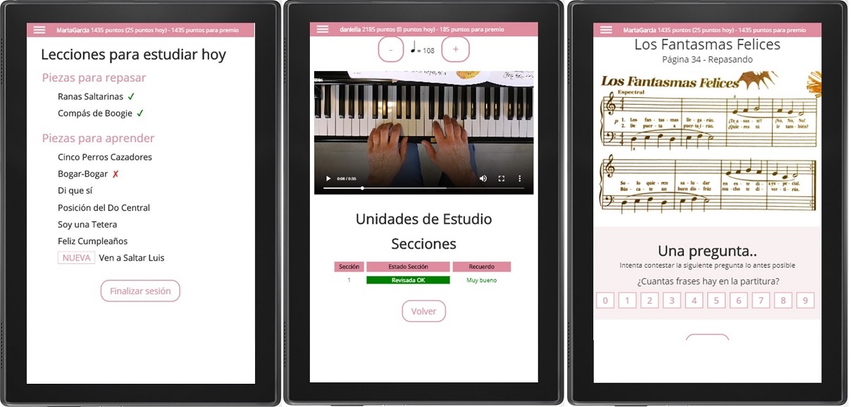 Pantallas de la aplicación Aula de Piano